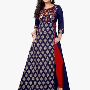 Elegant Navy Blue and Red Embroidered Dress